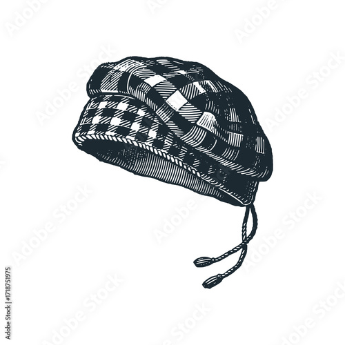 Glengarry cap. Scottish bonnet. Black white hand drawn vector illustration.