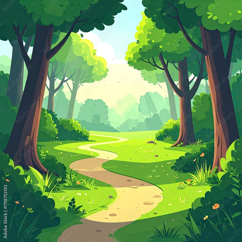 Fototapeta premium Lush forest path winds through vibrant green landscape