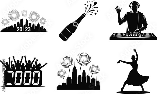 New Year Party Countdown Event Silhouette Bundle Set
