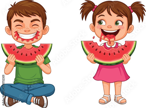 Happy boy and girl eating juicy watermelon slices, summer fruit illustration, kids smiling, cartoon children enjoying healthy snack, fresh food
