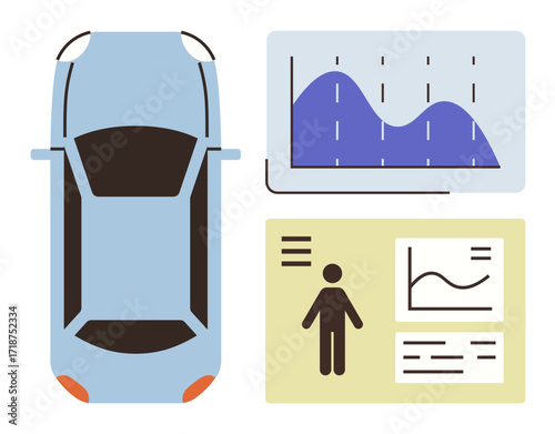 Top view of a car next to analytics graphs, human profile, and dashboard elements. Ideal for technology, mobility, transportation, analytics, IoT big data sustainability. Simple flat metaphor