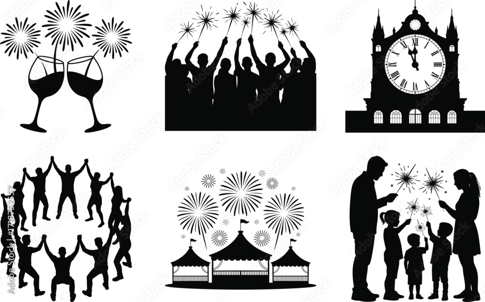 Naklejka premium New Year Party Countdown Event Silhouette Bundle Set
