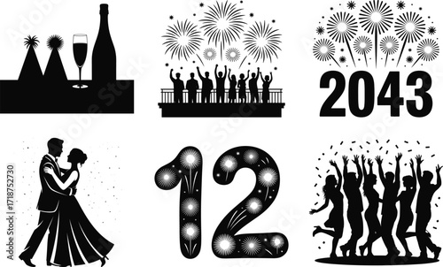 New Year Party Countdown Event Silhouette Bundle Set
