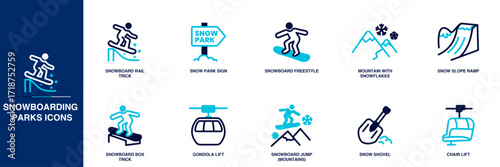 Snowboarding Parks Blue Colored Outline Icon Set