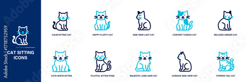 Cat Sitting Blue Colored Outline Icon Set