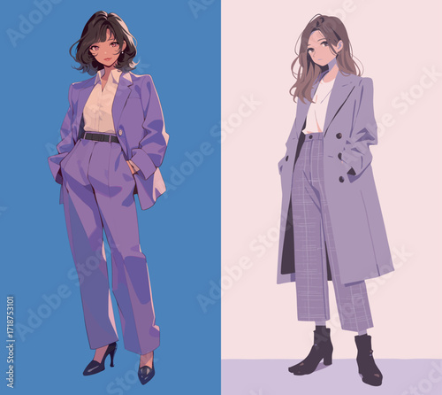 Two women showcase fashionable suits, one in a vibrant purple outfit and the other in a stylish lavender ensemble. The backdrop highlights their looks.