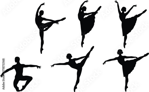 Ballet dancer silhouettes, artistic ballerina poses, elegant male and female dancers, classical dance performance, vector illustration, graceful ballet art, motion