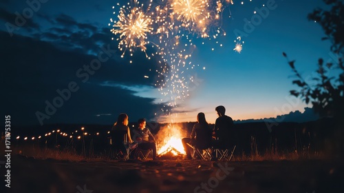 Group of friends watching fireworks by a campfire at night under a dark blue sky with clouds