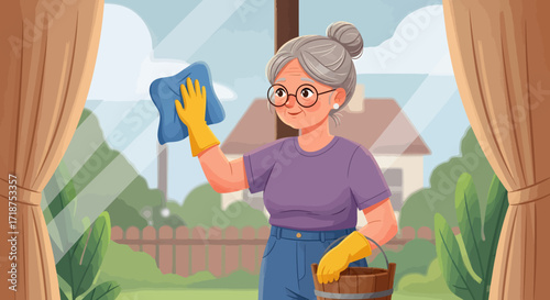 Illustration of a smiling senior woman cleaning a window with a cloth and bucket, bright and cheerful style,  near a window showing a house,  with warm colors.