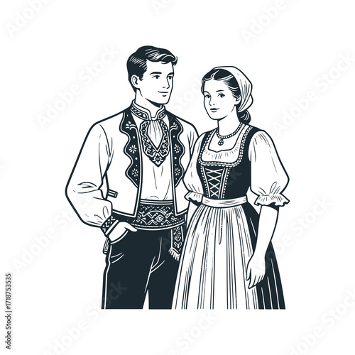 Austria couple. Man: trachten jacket. Woman: dirndl. Traditional costume. Black white hand drawn vector illustration.