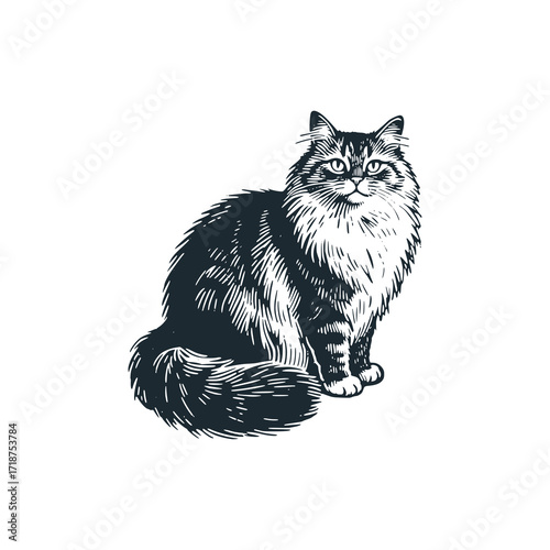 Persian cat. Black white hand drawn vector illustration.