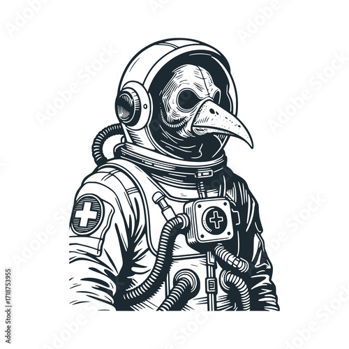 Plague doctor as an astronaut - black and white vector illustration.