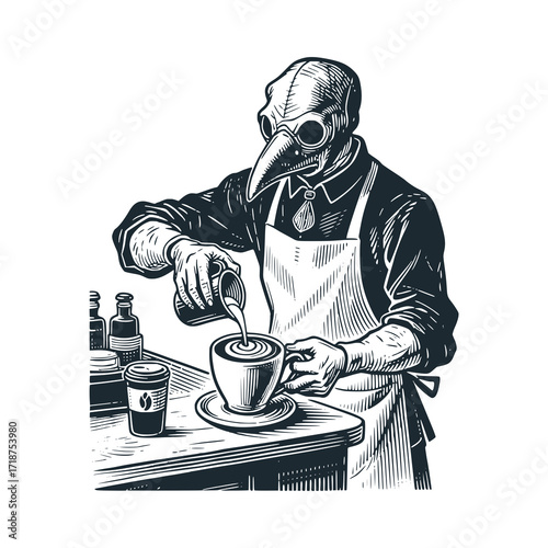 Plague doctor become barista of coffee shop - black and white vector illustration.