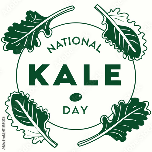 Four kale leaves encircle "NATIONAL KALE DAY" text, with a small olive, all in dark green on a white background, creating a celebratory, healthy vibe.
