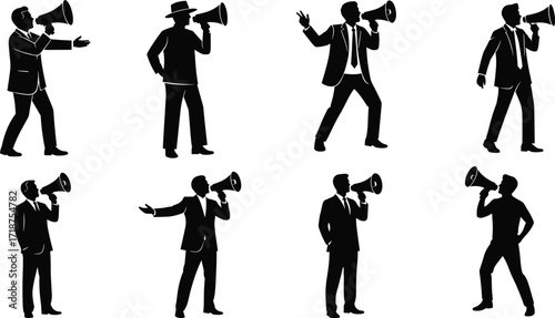 Businessman silhouette with megaphone, protest leader illustration, public speaking communication, corporate announcement, activism design, vector art, leadership speech, loudspeaker symbol