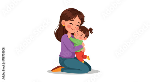 Close-up illustration of a mother tenderly hugging her toddler daughter against a white background, conveying a warm and loving mood.
