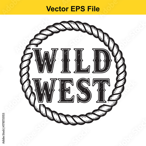 Wild west text inside a rope circle, isolated on white background