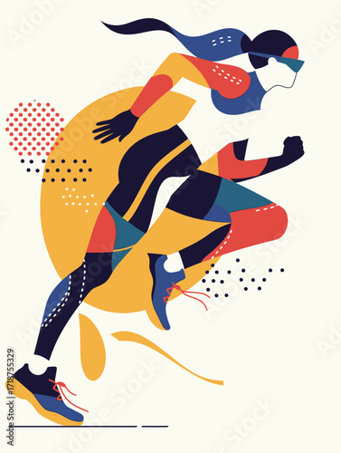 A female runner is depicted in an energetic pose, showcasing speed and motion. The background features bright shapes and colors, emphasizing the intensity of the sport.