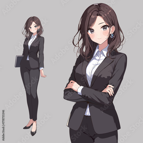 A professional woman stands proudly in a tailored suit, holding a clipboard. She displays confidence with a slight smile, set against a neutral backdrop.