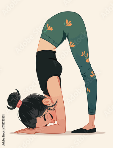 A young woman is doing a creative yoga pose with her head resting on her forearms. She wears stylish leggings and a simple top, practicing at home in a relaxed setting.