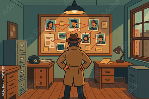 Cartoon Detective Office Interior with Investigation Board and Crime Mystery Scene
