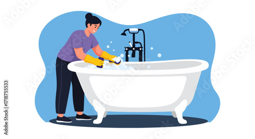 A woman cleaning a bathtub with soapy water and gloves in a flat, illustrated style, using bright blue and white tones, against a simple background.