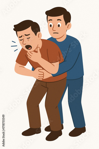 Cartoon Illustration of Heimlich Maneuver First Aid for Choking Person