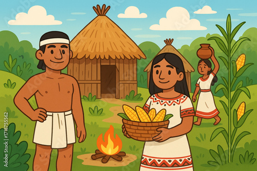 Cartoon Illustration of Ancient Indigenous Village with People, Huts, and Corn Plants