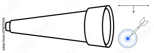 Telescope aiming at target with arrow in bullseye, representing vision, precision, goals, strategy, focus, perspective, and achievement. Ideal for business marketing planning optics alignment