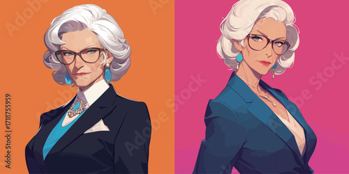 An older woman with silver hair and glasses stands confidently, wearing a chic outfit with bold colors. She showcases her elegance and poise through her accessories.