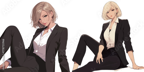 A confident female character with short blonde hair is seated in a black suit, exuding elegance and strength. Her expression is serious, adding to her presence.