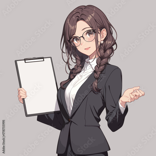 A confident woman with braided hair is dressed in business attire. She holds a clipboard and appears friendly, engaging with the viewer in a professional setting.