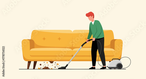 A young man vacuuming a floor near a yellow couch in a minimalist flat-lay illustration, showcasing a clean and efficient domestic scene with a muted color palette.
