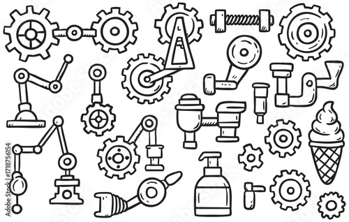 Hand Drawn Mechanical Gears and Robotic Arm Doodle Collection Isolated on Transparent Background, Generative AI