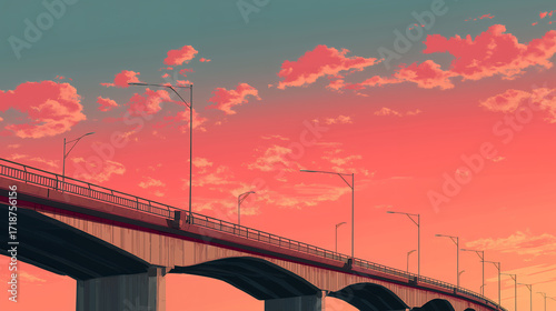 Anime-style bridge at sunset with vibrant pink and teal sky and scattered clouds