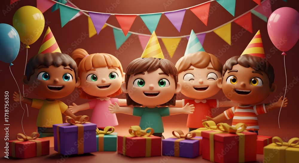 Naklejka premium Celebratory Gathering: A cheerful scene unfolds with five joyful children surrounded by colorful party decorations, balloons and presents.