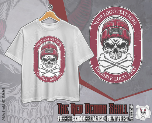 Skull with Beanie and Crossbones – Vintage Skateboard Logo Template & Streetwear (red variation)