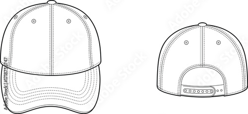 Baseball cap vector illustration, front and back view, hat design template, adjustable snapback outline, fashion accessory mockup, stylish cap design
