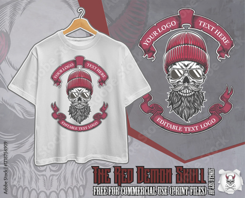 Vintage Bearded Skull Logo with Beanie Hat and Banner – Editable Streetwear Design (red variation)