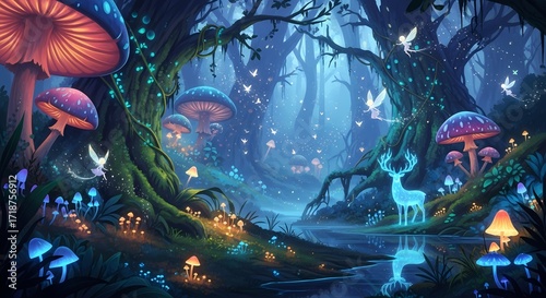 A magical forest at night with glowing mushrooms and fairies. A luminous stag stands by a stream, its light reflecting in the water, creating an enchanted, mystical landscape.
