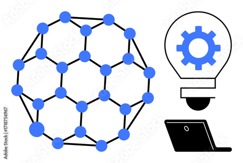 Blue network sphere with interconnected dots, light bulb with gear, laptop. Ideal for innovation, technology, creativity, research, digital solutions problem-solving teamwork. Simple flat metaphor