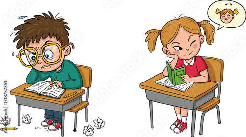 Cartoon kids studying in classroom, boy struggling with homework, girl reading happily, school learning concept, education stress, funny children illustration