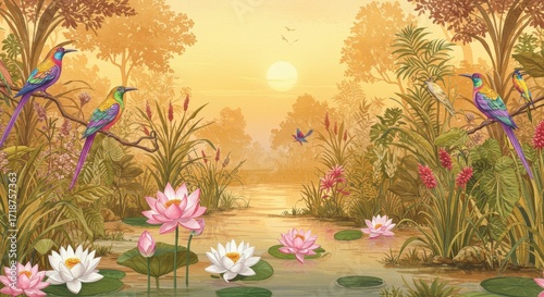 Colorful Birds Lotus Flowers and Pond in Tropical Setting.