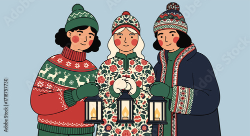 Three women winter folk outfits holding glowing lanterns Winter Holiday Celebration Traditional Nordic Christmas Vector Art