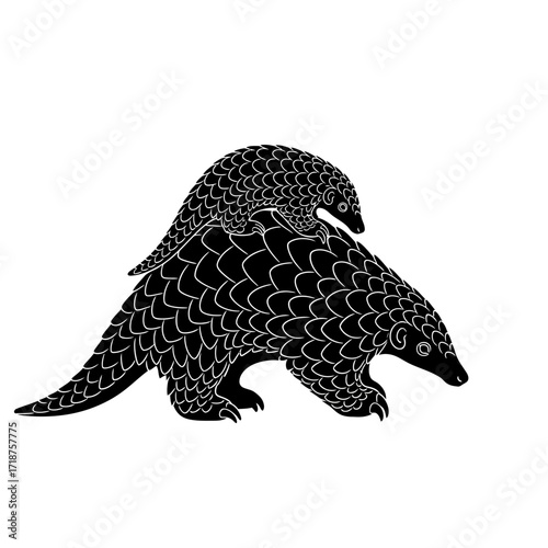 Pangolin mother and baby silhouette isolated on white background