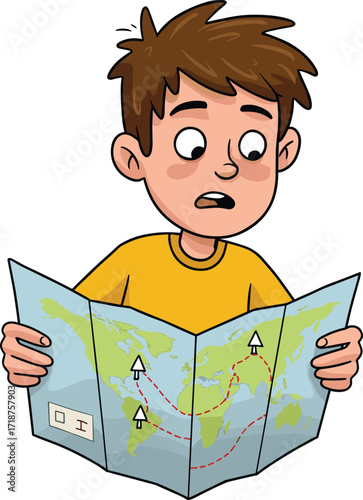 Cartoon boy reading map, child looking confused, travel adventure, exploring directions, lost tourist, navigation, world map, journey, exploration illustration