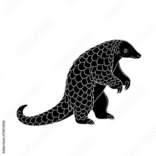 Pangolin silhouette standing on hind legs isolated on white background