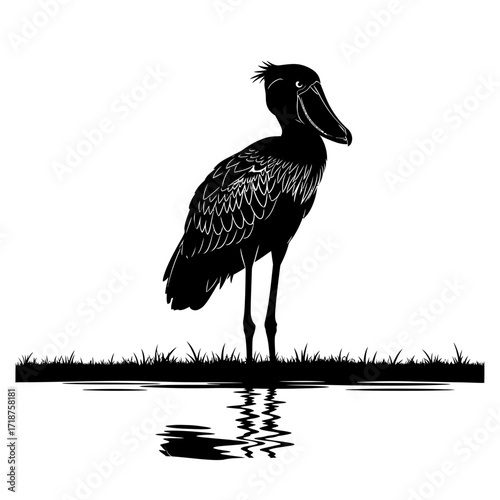 Shoebill bird silhouette standing in grass by water isolated on white background