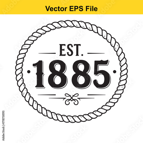 Established 1885 emblem with rope border, isolated on white background