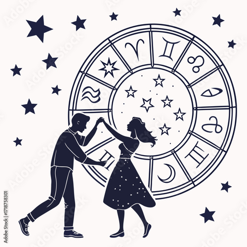 Couple dancing under a starry sky next to a zodiac wheel representing astrological signs and celestial bodies
